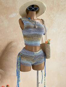 Soleia Women's Vacation Solid Color Asymmetric Neck Knit Top And Fringe Design Knit Shorts 2 Pieces Set - Multicolor - View 9