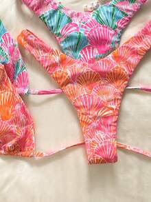 Elavelle 2026 Spring/Summer Colorful Shell Strap + Orange Shell Strap Halter Tie Side High Cut 4-Piece Bikini Swimwear, Suitable For Beach Photography - Multicolor - View 8