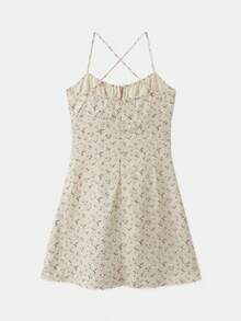 lacRébo Beige Floral Mini Dress With Gathered Bust And Spaghetti Straps Spring Summer Cute Gothic Sexy Soft Feminine Casual Tropical Holiday French Style - Multicolor - View 7