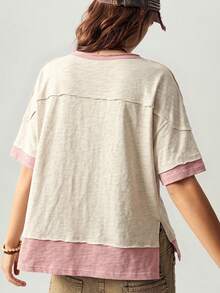 Bohemela Kaos Rajut Kasual Motif Blok Warna Leher Bulat Longgar Lengan Pendek untuk Wanita - Aprikot - View 2
