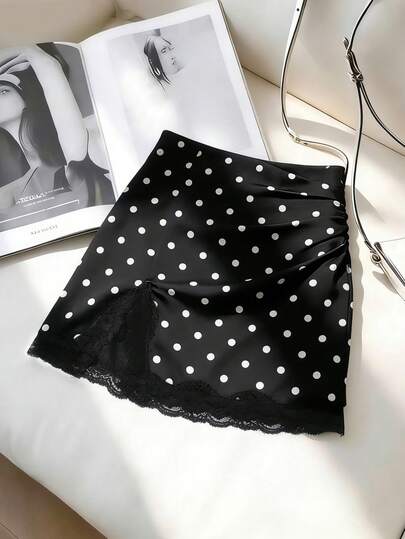 Franclia Women's Polka Dot Lace Ruffle Casual Versatile Date Night Mini Skirt
