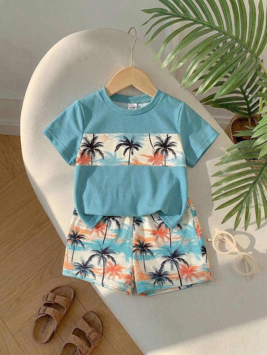SHEIN Playful Pals 2件組男嬰熱帶植物與椰子樹印花藍色T恤短褲套裝,夏季休閒度假海灘穿搭,適用於6個月至3歲嬰幼兒 - 彩色 - 查看 1