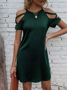 SHEIN LUNE 女士纯色露肩短袖休闲迷你连衣裙 - 墨綠色 - 查看 6