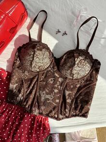 Comfortcana Plus Size Sexy Lace Sheer Camisole, Suitable For Party And Valentine's Day, Spring/Summer Lace Spaghetti Strap Top, Coffee Brown - Coffee Brown - View 3