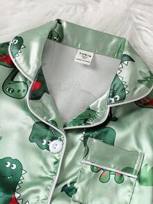 SHEIN 2件裝小男孩休閒舒適超級英雄卡通印花短袖上衣與短褲睡衣套裝，柔軟且阻燃針織面料 - 綠色 - 查看 9
