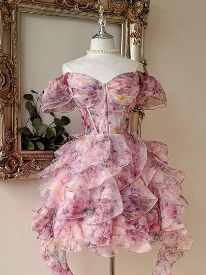 Lovelzi Elegant Romantic Vacation Shiny Chiffon Floral Digital Print Strapless One-Shoulder Ruffle Sleeve Bustier High Waist Asymmetric Multilayer Ruffle A-Line Maxi Dress With Adjustable Tie Back, Suitable For Date, Vacation, Beach, Wedding, Graduation, Spring/Summer Elegant Party