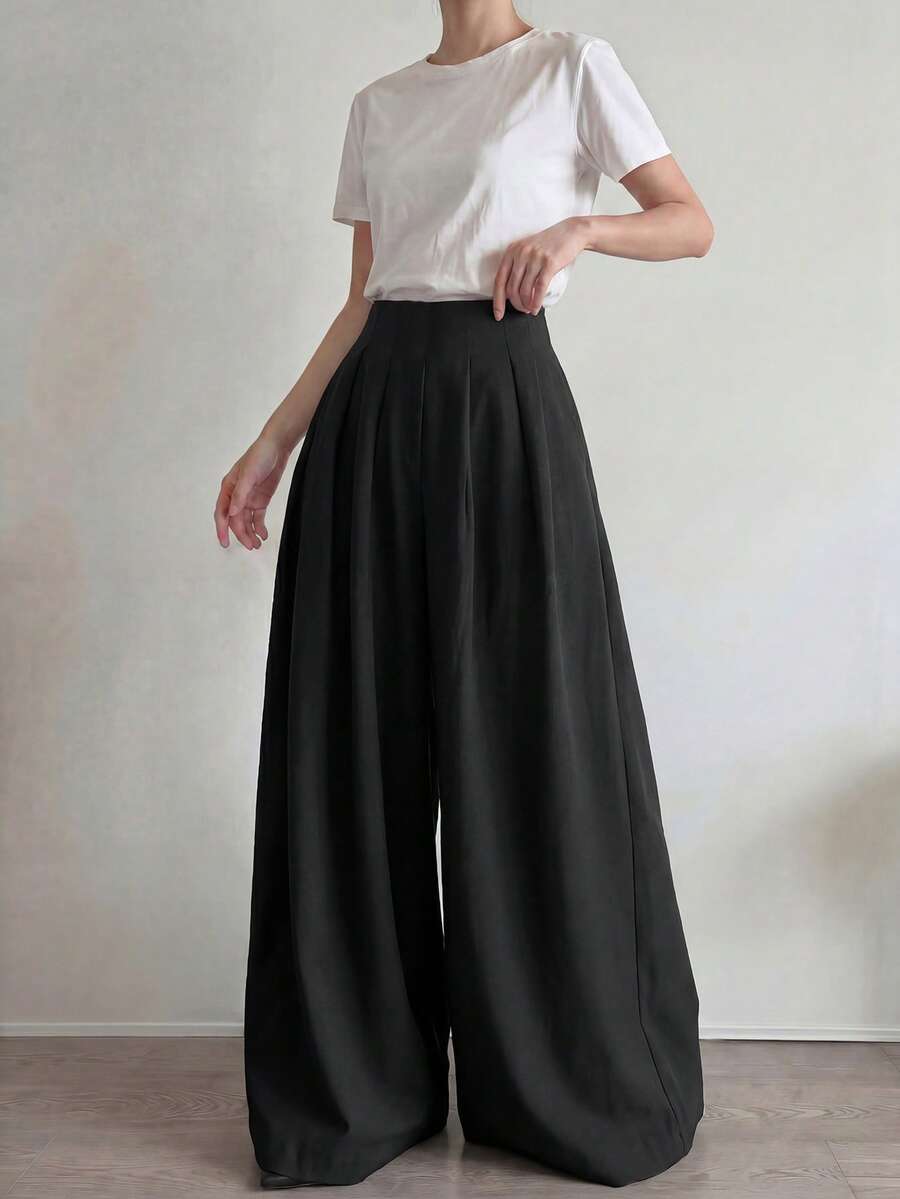 Veilorie Women's Pleated Wide Leg Loose Pants, Business/Office Commute - Black - View 1