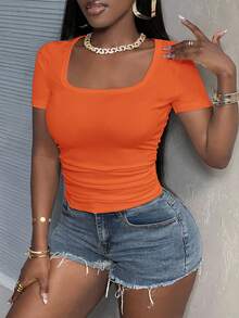 Slaydiva Minimalist Casual Basic Summer Square Neck Short Sleeve Fitted Side Ruched Ribbed Stretchy Women T-Shirt - Orange - View 2
