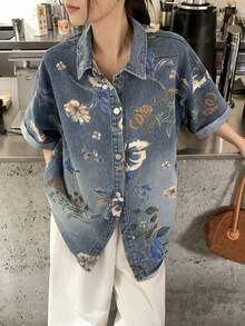 DAZY 女款花卉印花短袖單排扣休閒牛仔襯衫 夏季 - 藍色 - 查看 8