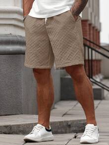 EGENSIO Men's Solid Color Drawstring Pocket Textured Fabric Loose Shorts - Khaki - View 4