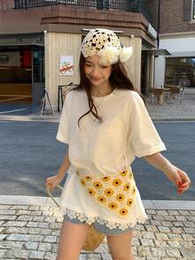 DAZY Women's Round Neck Korean Style Lace Patchwork Short Sleeve T-Shirt Summer - White - View 7