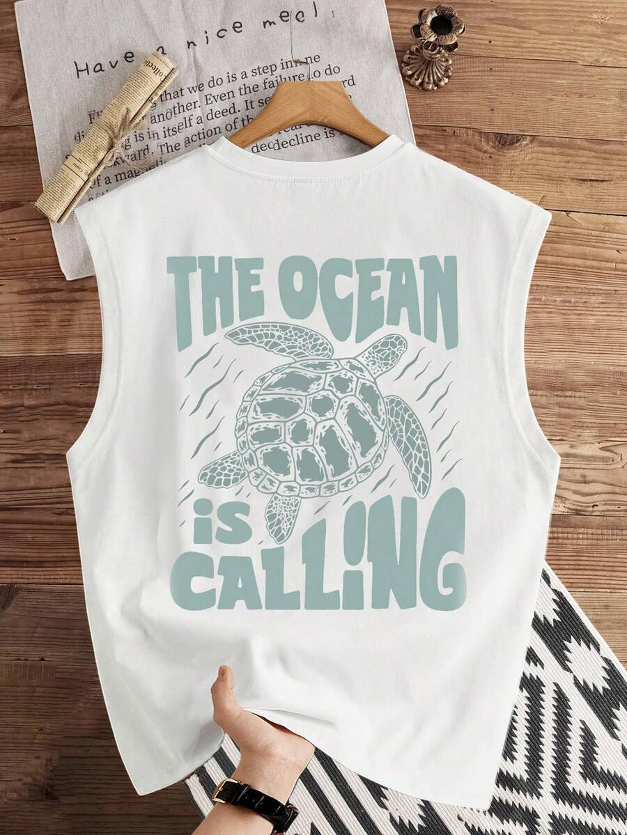 Manfinity Joysei Standard Size Men's "Ocean Calling" Sea Turtle Graphic Tank Top, Suitable For Summer, Holiday - White - View 1