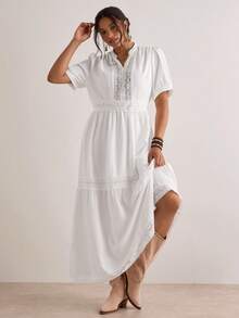 Freevana Vestido maxi elegante de manga corta con cuello con muesca y ribete de encaje, color blanco sólido, adecuado para uso diario y vacaciones, primavera/verano, talla grande para mujer - Blanco - Ver 8