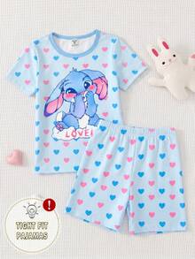 Young Girl' Cartoon Rabbit Print Pajama Set,Light Pink,Night,Soft & Stretchy Knit Round Neck Short Sleeve & Shorts,Cute Summer Wear,2pcs Set,Snug Fit - Blue - View 3