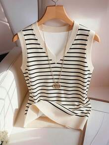 Everyssa Áo tank top không tay cổ chữ V kẻ sọc đen và be dành cho nữ, thời trang và đa năng, phù hợp cho các dịp thường nhật, dự tiệc, đi chơi, uống trà chiều, nghỉ mát biển, công sở, đi biển. - Nhiều màu - Xem 1