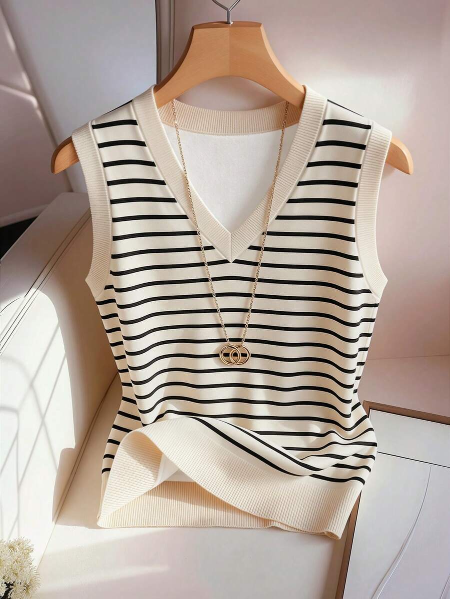 Everyssa Áo tank top không tay cổ chữ V kẻ sọc đen và be dành cho nữ, thời trang và đa năng, phù hợp cho các dịp thường nhật, dự tiệc, đi chơi, uống trà chiều, nghỉ mát biển, công sở, đi biển. - Nhiều màu - Xem 1