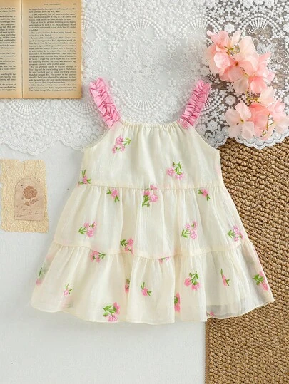 SHEIN Baby Girl Elegant Cute Fairy Crinkle Apricot Floral Dress, Comfortable Sweet Princess Dress, Fashionable & Lively, Spring/Summer New Arrival, Suitable For Birthday Party, Daily Wear, Vacation