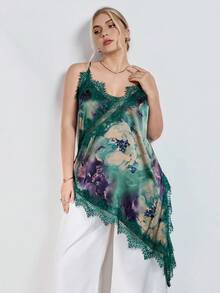 SHEIN Clasi 大码女式蕾丝拼接休闲百搭日常吊带背心 - 綠色 - 查看 6