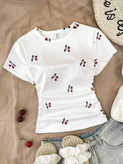 Vintage Mini Cherry Print Pattern, Chill Chill, Tween Girls Minimalist Crew Neck Waist Ruched Fitted Short Sleeve T-Shirt, Versatile For Spring/Summer, Back To School, 2000s Style, Korean Style, Autumn, Fall, Homecoming, Winter, Grunge, Striped, Easy Comfort, Stylish Kids, Hippie, Music Festival, BM, Retro Sweet American, Campus Vibe, Internet Sensation, Citywalk, Street Atmosphere, Casual Campus Sporty, Outdoor Picnic, Outings, Street Snap, Home, Campus