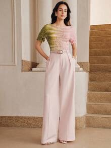 Anewsta Lässiger, pendlerfreundlicher, urlaubstauglicher, date-geeigneter, süßer Farbverlauf Kurzarm Pullover für Frauen - Pink - Übersicht 2