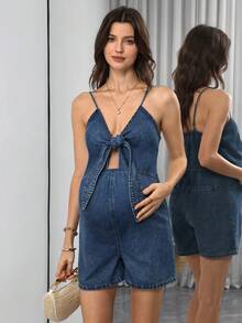 SHEIN Bộ áo liền quần cho bà bầu với thiết kế thắt nút phía trước và khoét eo. - Rửa trung bình - Xem 5