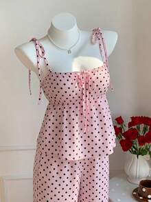 Conjunto de 2 piezas de camiseta de tirantes y pantalones con estampado de lunares, estilo casual de primavera para mujer. Conjunto de 2 piezas de lunares lindo para verano. Conj - Rosa - Ver 5