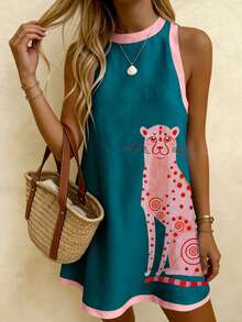 EMERY ROSE Plus Size Women's Casual Resort Beach Leopard Print Color-Block Trim Tank Dress Plus Size Women's Beachwear - Multicolor - View 6