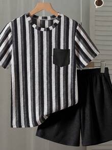 Setelan Kaos Lengan Pendek dan Celana Pendek Bergaris Saku Kasual Musim Panas untuk Anak Laki-Laki Remaja - Hitam - View 5