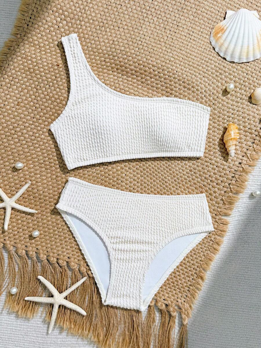 SHEIN Tween Girls' Solid Color Textured One Shoulder Bikini Set,White,Summer,Tropical,Beach,Pool Party,Vacation,Holiday 2 Pieces Bathing Suit - Apricot - View 1