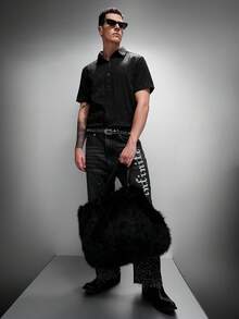 Zorclune 男士休闲翻领单排扣短袖衬衫，通勤和外出皆宜；男士水钻衬衫；男士闪亮衬衫；男士短袖衬衫；男士哥特衬衫；男士休闲黑色衬衫 - 黑色 - 查看 4