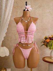 Bellisia 2 pezzi Set bikini con canottiera da donna, bikini con bordo in rete, costumi da bagno estivi - Rosa - Visualizzare 1