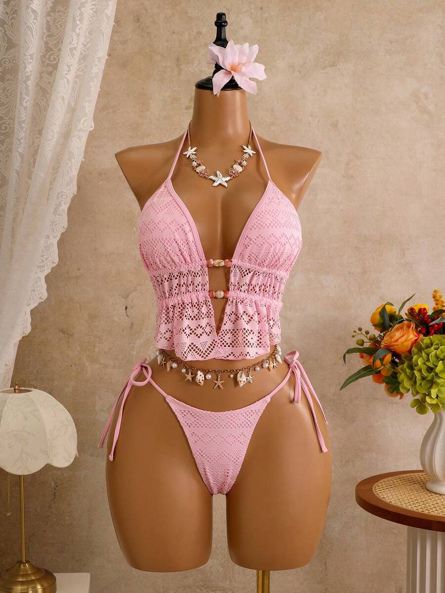 Bellisia 2 pezzi Set bikini con canottiera da donna, bikini con bordo in rete, costumi da bagno estivi - Rosa - Visualizzare 1