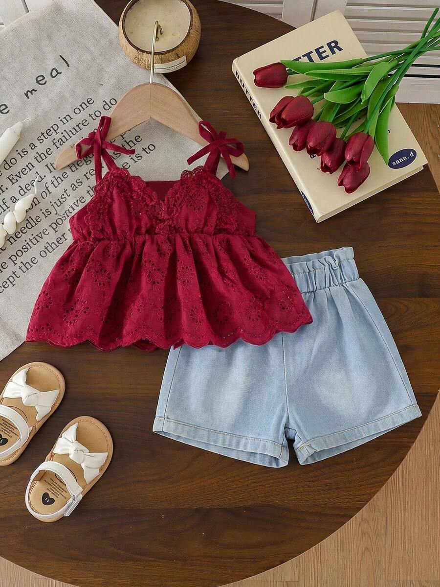SHEIN Playful Pals Bộ áo ba lỗ thêu và quần short dây buộc Burnout cho bé gái (Áo được bán riêng) - Màu Đỏ Sâu - Xem 1