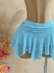 Soleia Women's Summer Solid Color Lace Asymmetric Hem Skirt - Blue - View 4