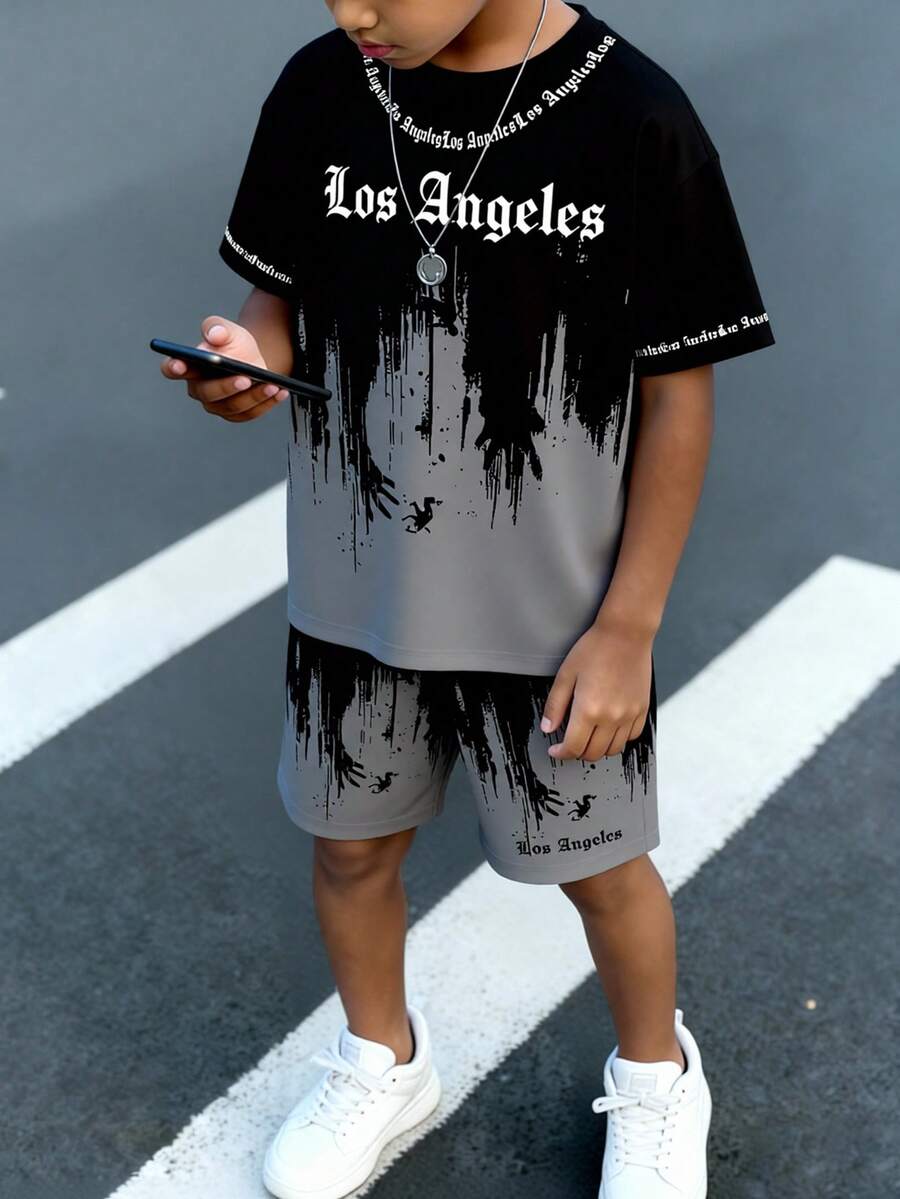 春夏青少年男童休闲时尚创意个性化清新简约洛杉矶渐变标语印花宽松T恤短裤套装,舒适日常穿着 - 彩色 - 查看 1