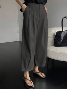 DAZY 女款休閒通勤素色彈性腰寬鬆小版型長褲 - 深灰色 - 查看 5