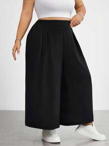 SHEIN CURVE+ Plus Size Women's Black Autumn Smart Casual Everyday Loose Comfortable Wide Leg Pants, Elastic Waist Flowy Pants For Vacation - Black - View 4