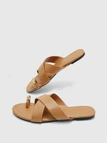 CUCCOO BIZCHIC Ladies' Elegant Summer Camel PU-Faced Flat-Bottomed Slippers - Camel - View 9