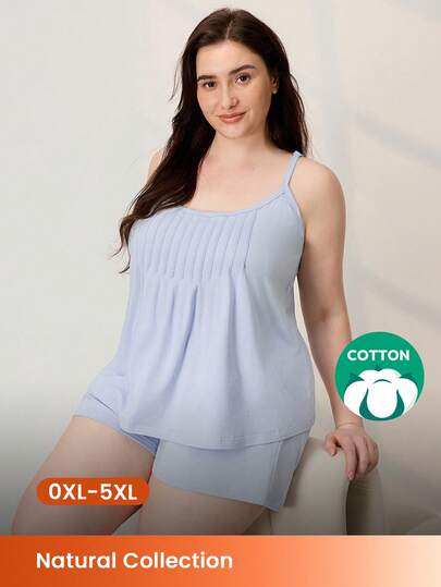 LUVLETTE Plus Size Natural Cozy Breathable Cotton Women's Summer Comfort Light Blue Sleep Set Relaxed Fit Gentle Daily Lounge Wear