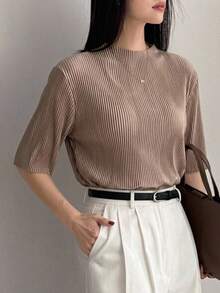 DAZY Plain Pleated Casual Short Sleeve T-Shirt School - Brown - View 6