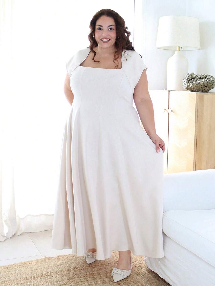 Pretty and Ole Elegant Apricot Plus Size A-Line Woven Dress With Square ...