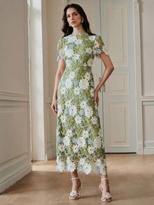 Đầm maxi dáng chữ A cổ tròn tay ngắn in hoa thanh lịch mùa xuân/hè mới của Anewsta, phù hợp cho nhiều dịp, ngày lễ tình nhân, các lễ hội, đầm maxi duyên dáng dành cho nữ. - màu xanh lá - Xem 3