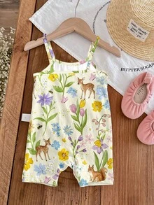 SHEIN LMoss Kids 【随机4件，送1件】女婴可爱公主风印花图案，小鹿，复古花朵，压花，波西米亚野花，植物，复古植物，粉彩花卉自然风，园艺爱好者礼物，休闲舒适，婴幼儿图案，女婴休闲吊带连体衣，适合春夏穿着，可爱夏季服装，夏季儿童用品，夏季外出用品，韩版风格，轻松舒适，时尚童装，Y2K，卡哇伊，派对，日常，度假，可爱，舒适 - 彩色 - 查看 6