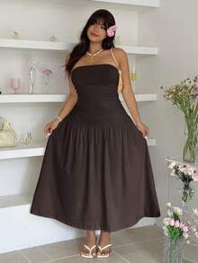 GalTyme Plus Size Solid Color Pleated Casual Everyday Dress - Chocolate Brown - View 4