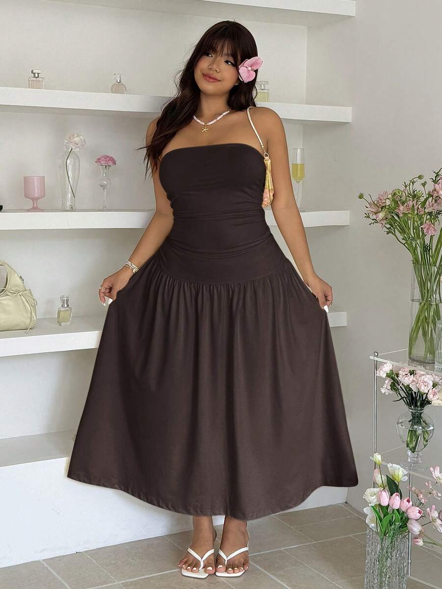 GalTyme Plus Size Solid Color Pleated Casual Everyday Dress - Chocolate Brown - View 1