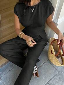 SHEIN EZwear 女士纯色荷叶边修身上衣和纹理阔腿裤两件套通勤套装 - 黑色 - 查看 7