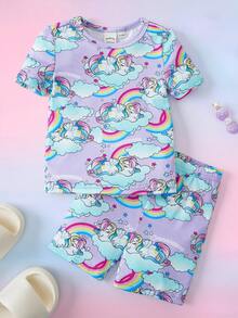 My Little Pony X SHEIN 女婴独角兽印花短袖上衣和短裤贴身睡衣套装 - 淡紫色 - 查看 1