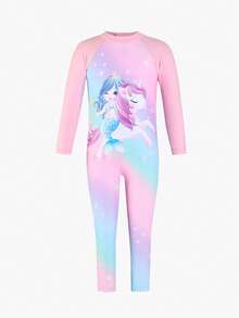 SHEIN 2025新款/女婴可爱美人鱼独角兽图案连体泳衣，适合游泳池、沙滩派对、节日礼物，女婴泳装，女婴沙滩装，女婴游泳服，女婴沙滩装 - 粉色 - 查看 3