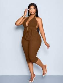 SOLERSUN Women's Plus-Size Chocolate Brown 2 Pcs Halter Top And Six-Inch Pants,Summer Night Out Club Vacation Holiday Beach Knitted Scoop-Neck Clothing - Brown - View 4