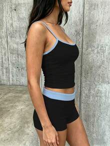 SHEIN EZwear 夏季撞色滚边吊带背心和短裤套装 - 藍色 - 查看 6